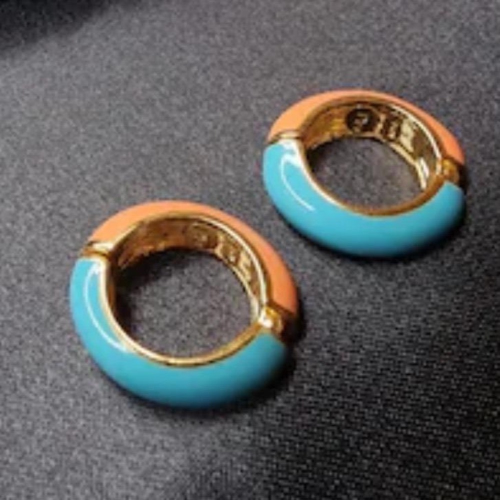 KJL Vintage KJL Signed Blue Orange Enamel Huggie Hoop Earrings snap on versatile